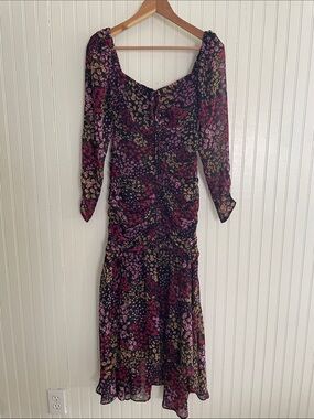 Astr The Label XS Floral Ruched Black Midi Dress with Pink & Purple Blooms